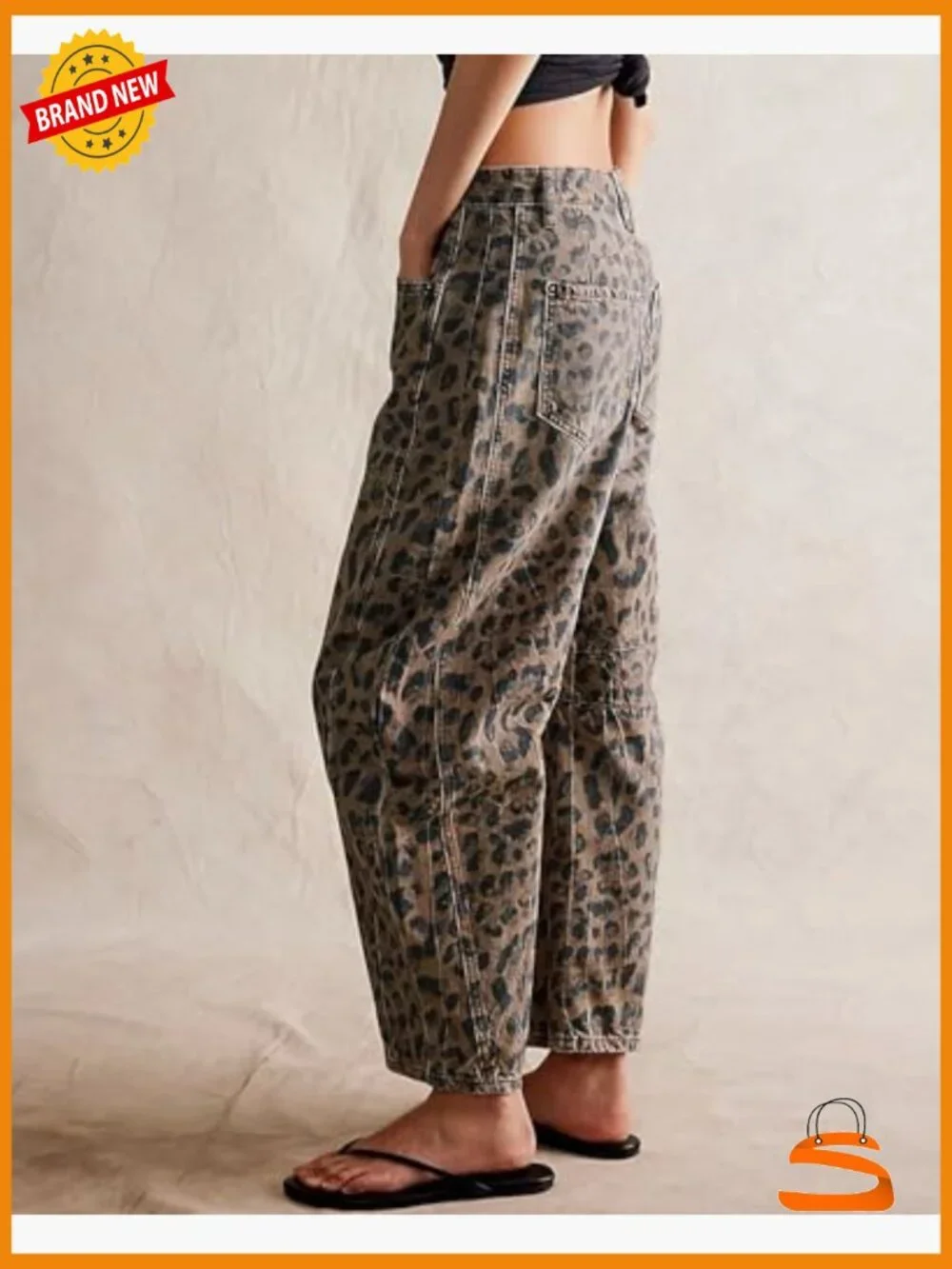 Mid Rise Wide Leg Cropped Barrel Leopard Print Y2k Baggy Denim Pants - Picture 3 of 7